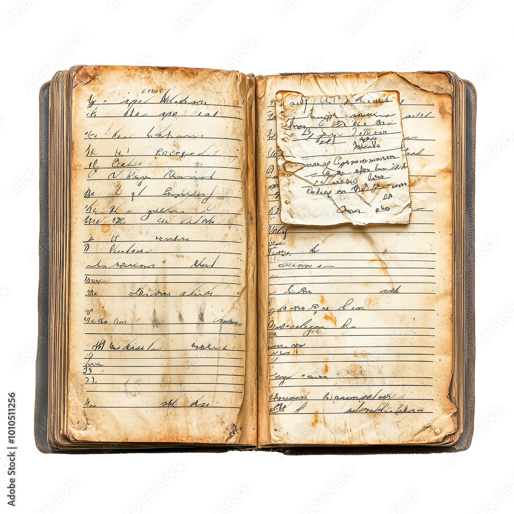 Naklejka premium Old ledger book with handwritten entries isolated on transparent background, Open notebook old