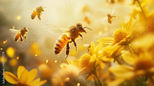 A swarm of bees flying around yellow flowers with a warm, golden sun shining in the background. photo