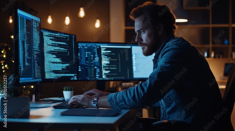 A Programmer Working Late at Night with Two Computer Monitors Showing Code A Programmer Working Late at Night with Two Computer Monitors Showing Code
