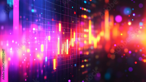 Abstract Digital Grid Background with Glowing Lines and Bokeh Lights in Pink  Orange  and Yellow Hues