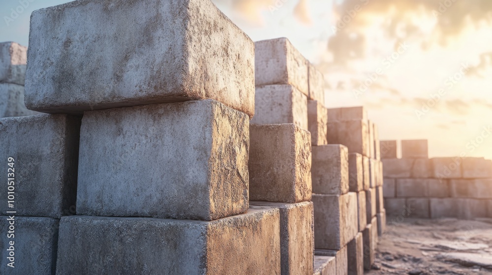 A close-up view of large stone blocks stacked together, with a warm sunset in the background casting a serene glow. A close-up view of large stone blocks stacked together, with a warm sunset in the background casting a serene glow.