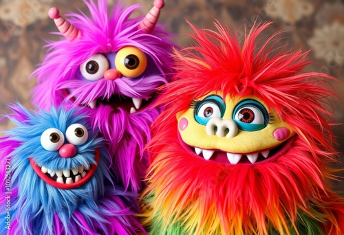 Silly monsters with funny faces and colorful fur