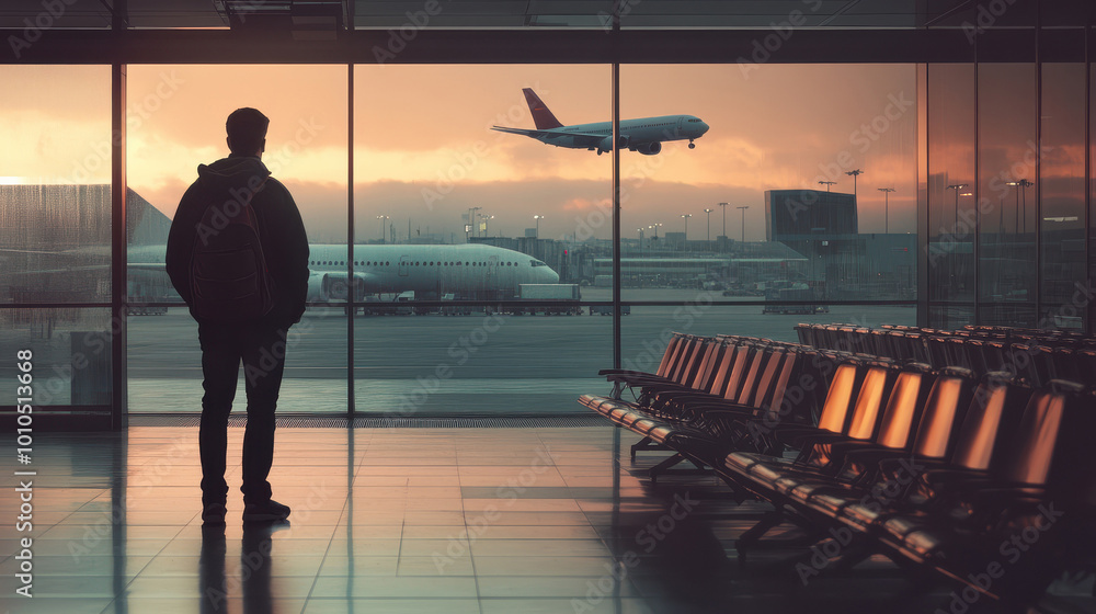 man standing look at an airplane flying airport terminal man standing look at an airplane flying airport terminal