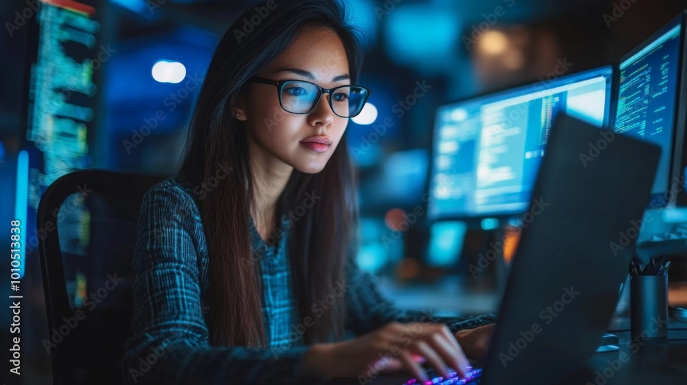 Young Woman in Glasses Working on Laptop with Code on Screen Young Woman in Glasses Working on Laptop with Code on Screen