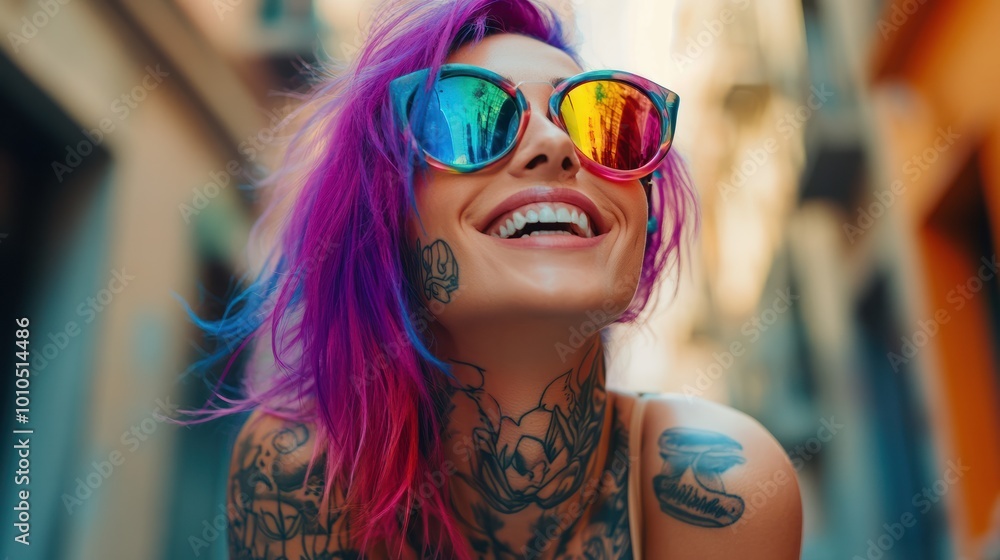 Joyful tattooed woman with colorful hair enjoying city life. Generative AI image Joyful tattooed woman with colorful hair enjoying city life. Generative AI image