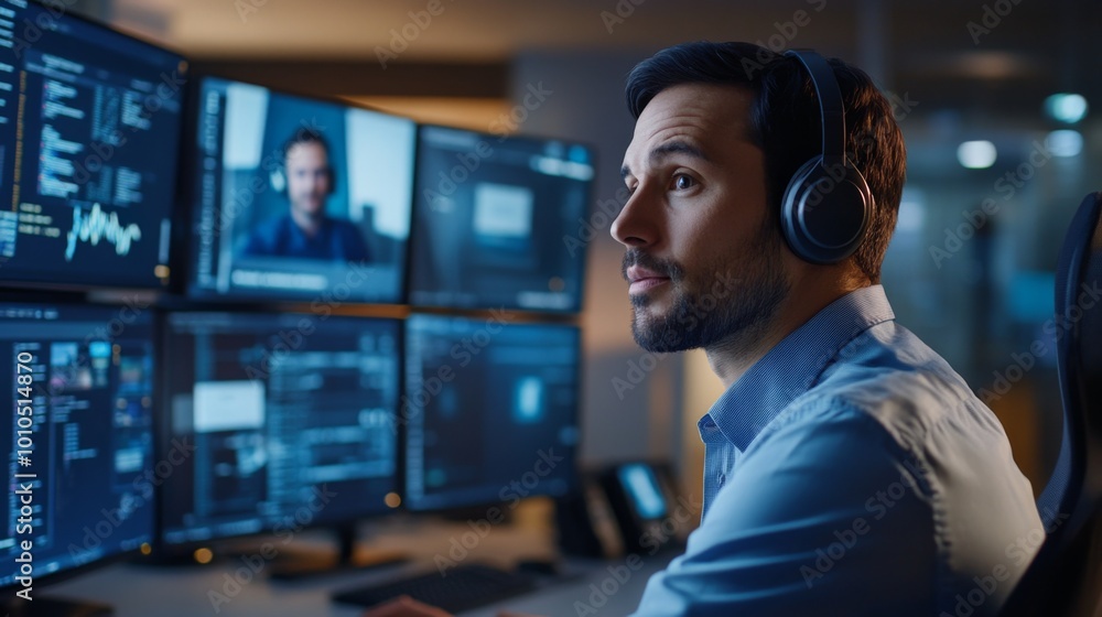 A man in headphones working on a computer with multiple screens A man in headphones working on a computer with multiple screens