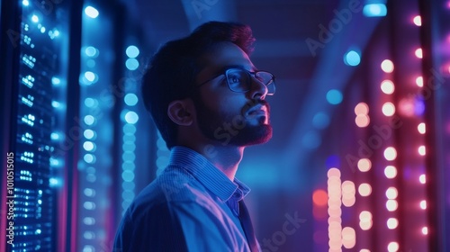 A Man in Glasses Gazing Upwards in a Server Room Lit by Colorful Lights