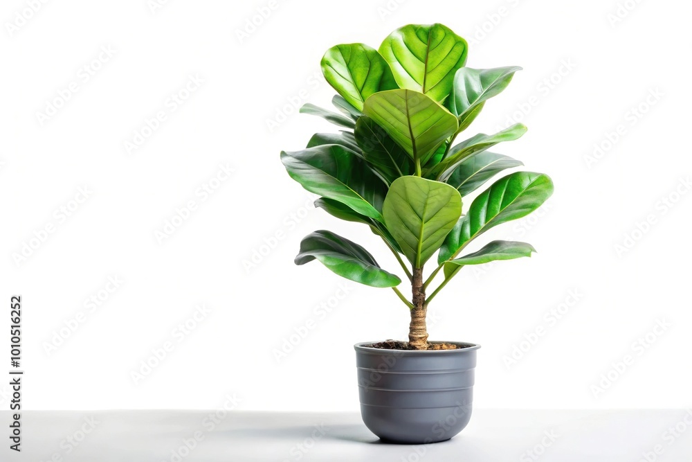 Fiddle Leaf Fig plant in modern pot isolated on white background aerial view Fiddle Leaf Fig plant in modern pot isolated on white background aerial view