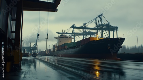 Large cargo ship docked at a port with cranes and containers, symbolizing a port strike, highlighting the scale of the port and the absence of activity