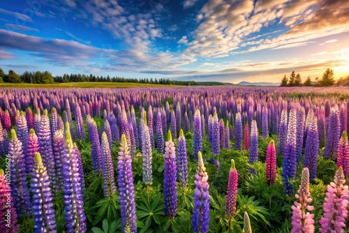 Field of blooming lupines under blue sky