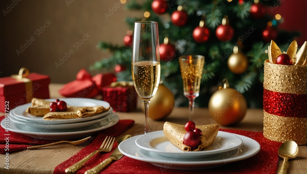 Christmas eve party table with champagne flute with red and golden glitter Christmas eve party table with champagne flute with red and golden glitter