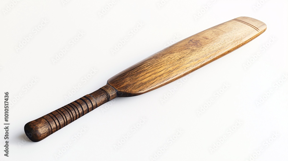 A sleek wooden sports bat lies on a pristine white surface, highlighting its elegant grain and unique design ideal for athletic-themed visuals. A sleek wooden sports bat lies on a pristine white surface, highlighting its elegant grain and unique design ideal for athletic-themed visuals.