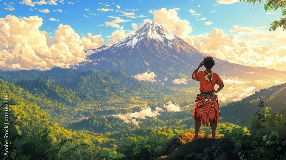 Fototapeta premium Man standing in the hill, viewing a mountain from far away, cartoon style illustration
