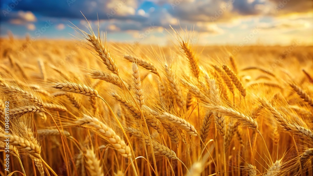 Field of golden wheat blowing in the wind with shallow depth of field Field of golden wheat blowing in the wind with shallow depth of field