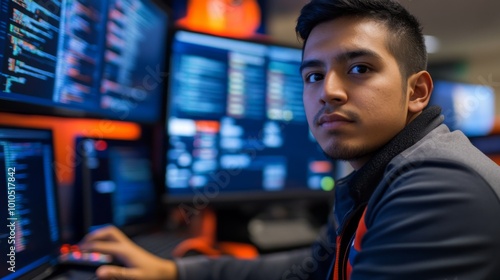 Young Man Looking Over Shoulder at Computer Monitors with Code