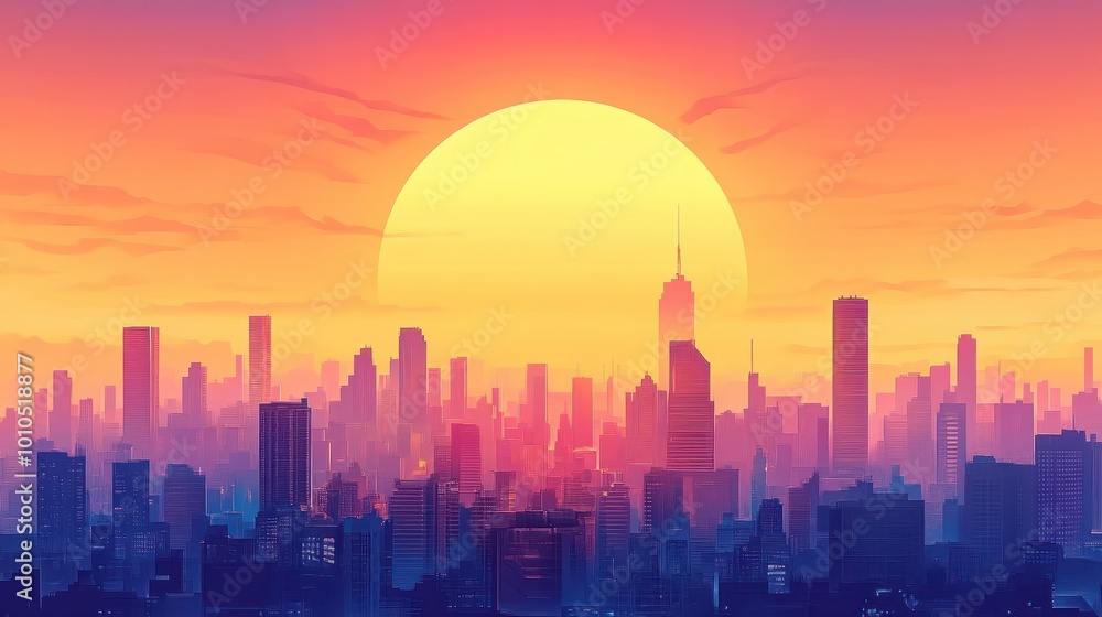 Retro-futuristic cityscape illustration with a large sun. Retro-futuristic cityscape illustration with a large sun.