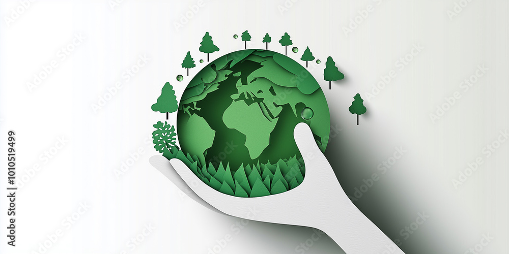 Eine abstrakte Darstellung einer Hand, die einen grünen Globus mit Bäumen und Wassertropfen hält, als Symbol für globalen Umweltschutz Eine abstrakte Darstellung einer Hand, die einen grünen Globus mit Bäumen und Wassertropfen hält, als Symbol für globalen Umweltschutz