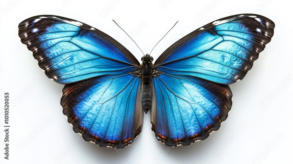 A vibrant blue Morpho butterfly with black and red markings on its wings, isolated on a white background. A vibrant blue Morpho butterfly with black and red markings on its wings, isolated on a white background.