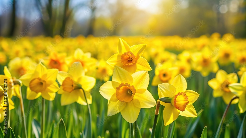 Obraz premium Field of yellow narcissus blooming during spring against green grass point of view
