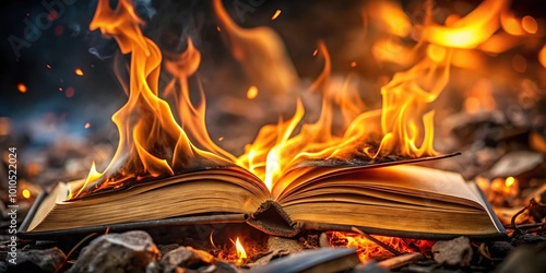 Fiery burning book with ashy pages and embers photo