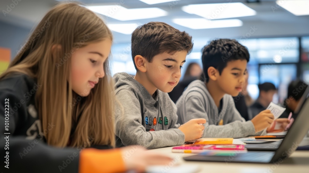 Students engaged in a gamified learning platform, earning points and badges for progress. Students engaged in a gamified learning platform, earning points and badges for progress.