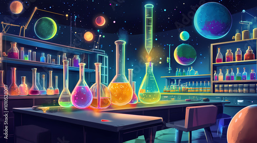 A cartoon illustration, vibrant chemistry lab with colorful planetary illustrations and bubbling flasks. Alchemy Lab. Illustration