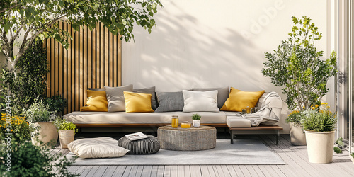 Schöne Terrasse mit Sitzecke und Kissen auf der Couch und Blumentöpfen. Sommerliches Licht. Im Hintergrund eine Sichtschutzwand. Helles Holz