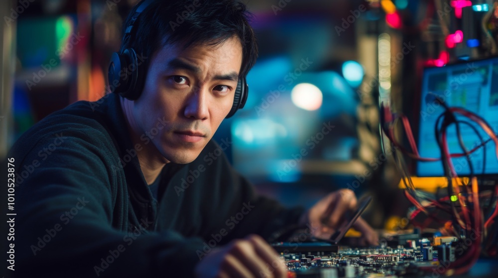 A Young Man Wearing Headphones Works on Electronics in a Dark Room A Young Man Wearing Headphones Works on Electronics in a Dark Room