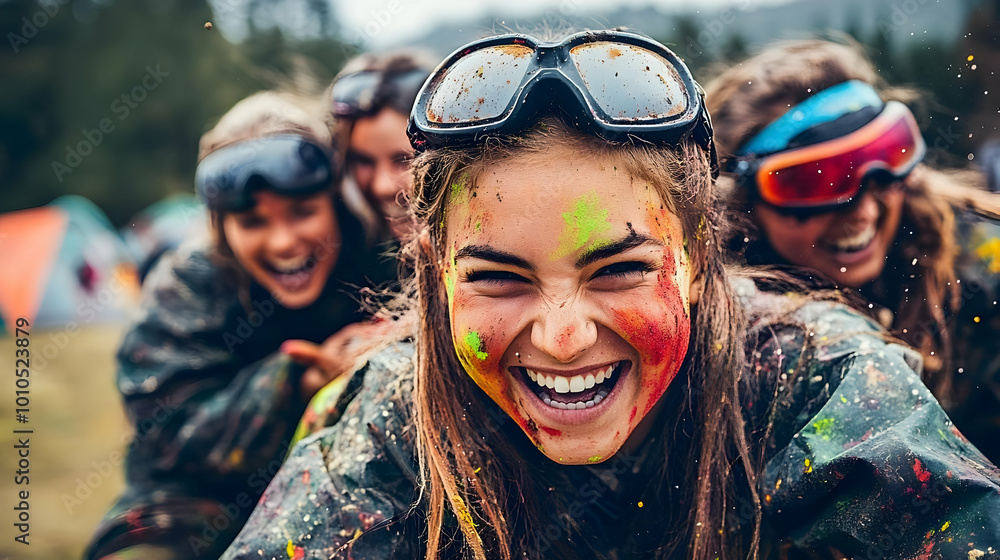 Friends Covered in Colorful Paint, Laughter and Fun, Outdoor Adventure Friends Covered in Colorful Paint, Laughter and Fun, Outdoor Adventure