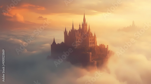 A castle floating in the clouds amidst a dreamy landscape. Floating Castle. Illustration