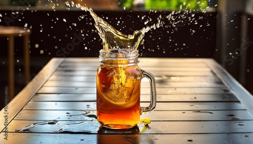 Iced tea in a glass jar on black gradient restaurant background photo