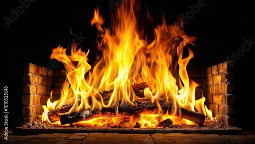 Fire burning in fireplace against isolated black background, wide-angle