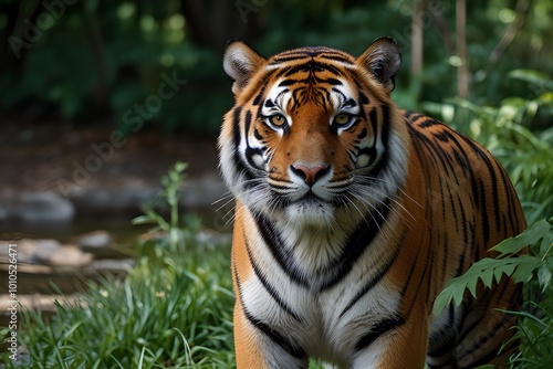 The image shows a majestic tiger standing in a lush, green natural environment. The tiger has bold black stripes on its orange coat with a white underbelly and face. Its piercing eyes are fixed direct