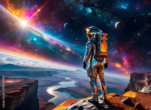 Space theme. An astronaut in a shiny silver spacesuit standing on the edge of a cliff on a distant planet. The sky is full of bright stars and nebulae, you can see planets of different colors.