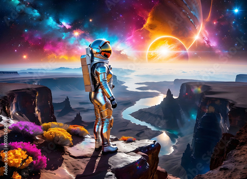 Space theme. An astronaut in a shiny silver spacesuit standing on the edge of a cliff on a distant planet. The sky is full of bright stars and nebulae, you can see planets of different colors.
