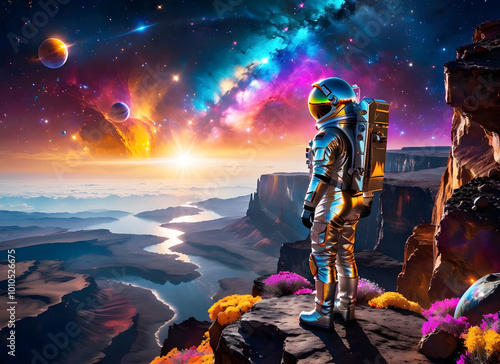 Space theme. An astronaut in a shiny silver spacesuit standing on the edge of a cliff on a distant planet. The sky is full of bright stars and nebulae, you can see planets of different colors.