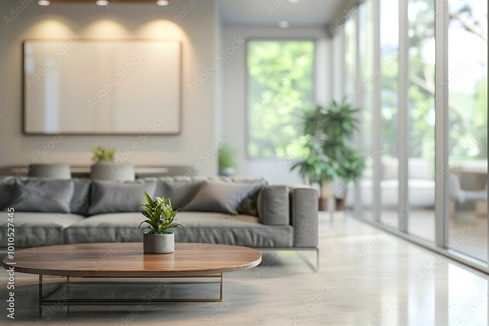 Fototapeta premium Beautiful living room interior with cozy grey sofas, coffee table and big window