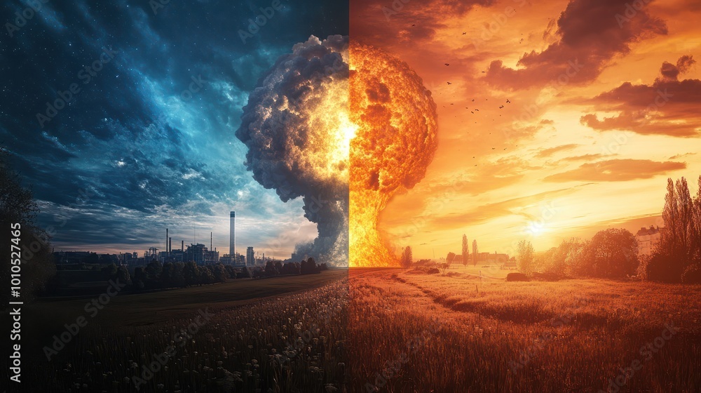 Fototapeta premium A conceptual illustration of the duality of nuclear fission, showcasing its potential for both energy production and destruction.