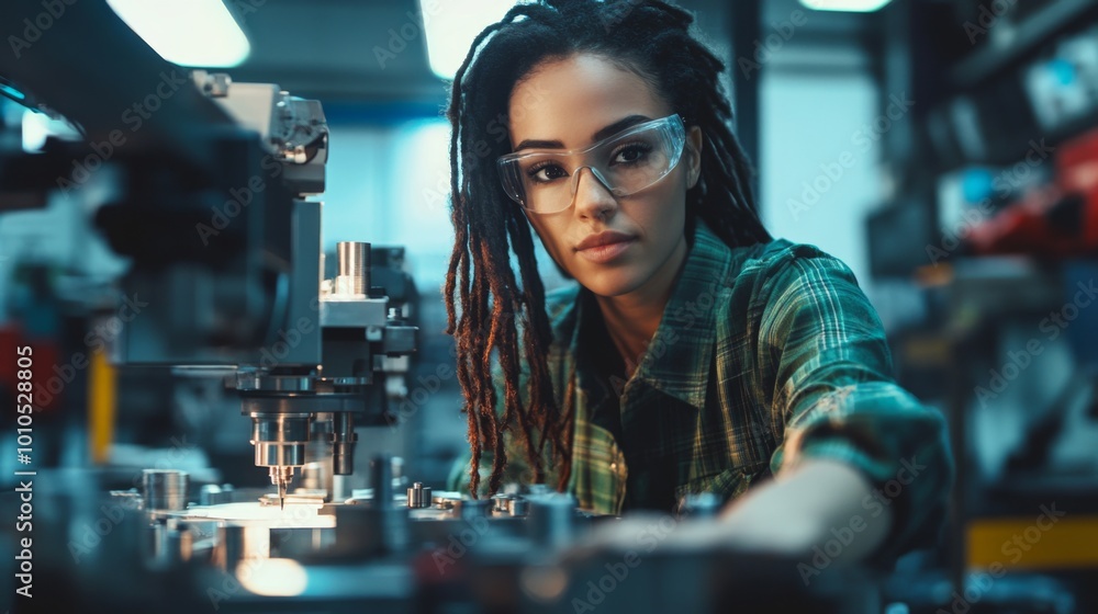 A Female Industrial Worker Operating a Machine in a Factory A Female Industrial Worker Operating a Machine in a Factory