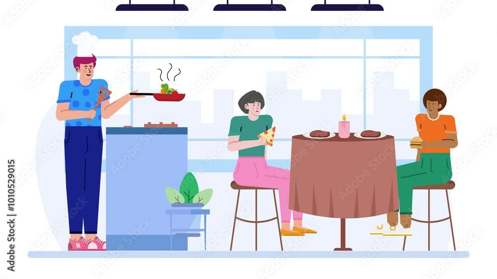 Illustration of a cheerful chef serving food to happy patrons in a vibrant restaurant setting, capturing the joy of dining out animated video Illustration of a cheerful chef serving food to happy patrons in a vibrant restaurant setting, capturing the joy of dining out animated video