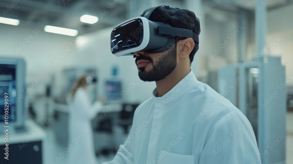 A Man Wearing a VR Headset in a Modern Laboratory A Man Wearing a VR Headset in a Modern Laboratory