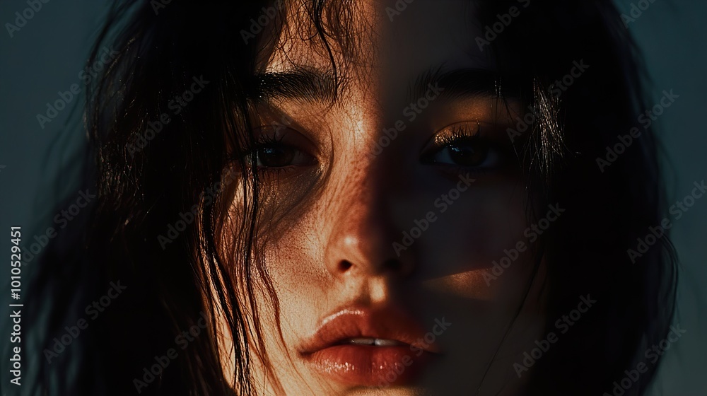 Close-Up Portrait of a Woman with Sunlight on Her Face Close-Up Portrait of a Woman with Sunlight on Her Face