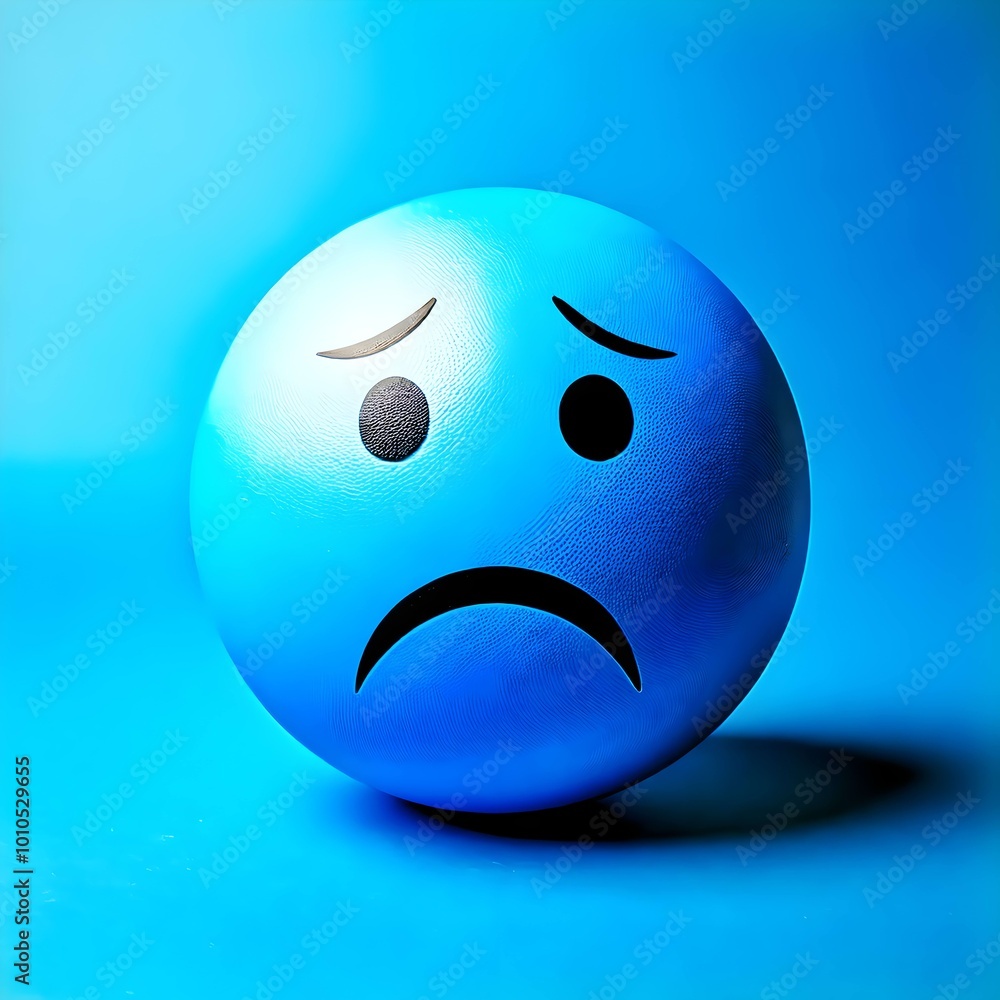 Fototapeta premium Blue Monday concept. Sad emoji face on light blue background