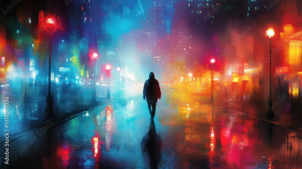 A solitary figure walks through a foggy urban street illuminated by vibrant lights, creating an atmospheric and moody scene. A solitary figure walks through a foggy urban street illuminated by vibrant lights, creating an atmospheric and moody scene.