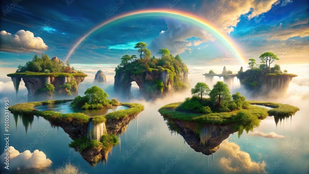 floating islands connected rainbow bridges serene lagoon glowing water floating islands connected rainbow bridges serene lagoon glowing water