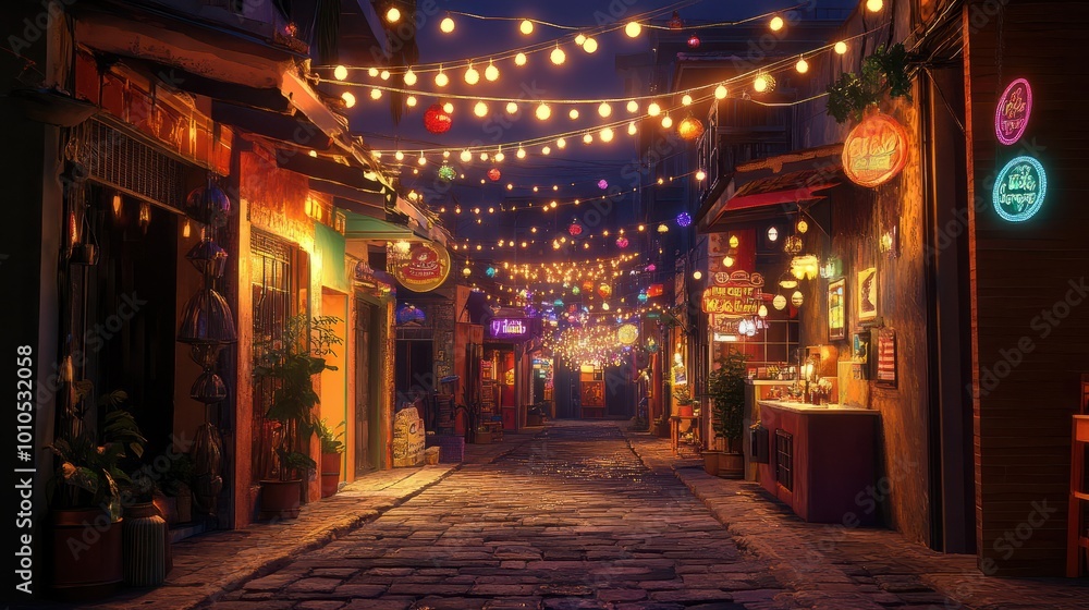 A vibrant street scene illuminated by string lights, showcasing festive decorations and a lively atmosphere at dusk. A vibrant street scene illuminated by string lights, showcasing festive decorations and a lively atmosphere at dusk.