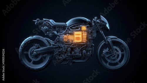 Wallpaper Mural Futuristic hybrid motorcycle engine, with glowing energy cells and intricate mechanical gears blending combustion and electric technology Torontodigital.ca