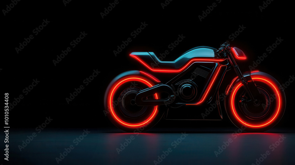 Naklejka premium Innovative motorcycle engine with a neonlit design, featuring energyefficient components and sleek futuristic details