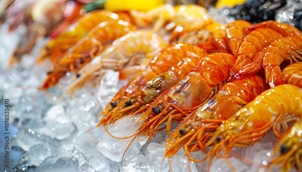 Malaysian freshwater prawn and other seafood on ice. Wholesale market Malaysian freshwater prawn and other seafood on ice. Wholesale market