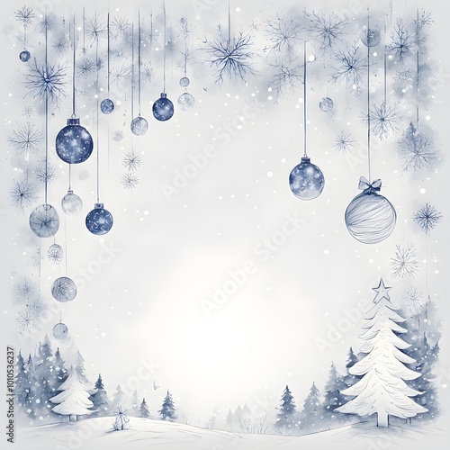 Abstract illustration of a Christmas card with delicate hand-drawn illustrations and empty space for text